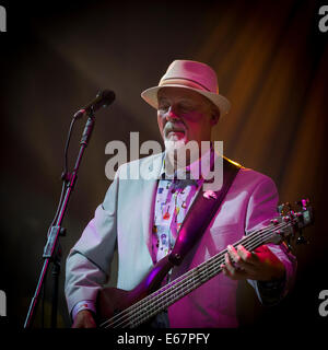 Dave Pegg of Fairport Convention playing a mondolin on stage at Fairport's Cropredy Convention 2014 Stock Photo