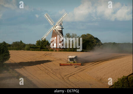 Harvest Time in Thaxted Essex England UK. 17 August 2014 Combine harvester brings in the last of the milling wheat from Simon Latham's farm in Thaxted in north Essex in England amid fine weather. The scene is made picture perfect with Thaxted Church and the ancient John Webbs Windmill in the background in the golden autumn evening light. Credit:  BRIAN HARRIS/Alamy Live News Stock Photo