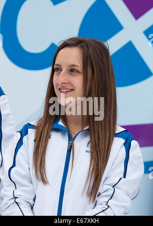 Rebekka Findlay, member of the Scottish Badminton squad, in George Square after the Team Scotland parade through Glasgow. Stock Photo