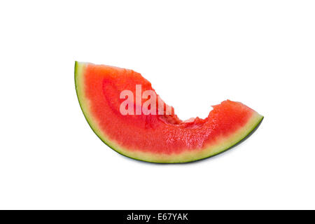 a slice of a watermelon with a piece bitten off isolated on white background Stock Photo