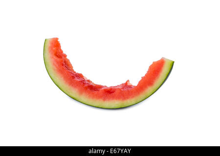 an eaten up slice of a watermelon isolated on white background Stock Photo