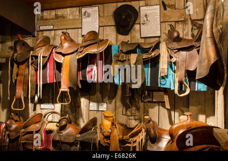 Rodeo saddles tack display exhibit at the British Columbia Cowboy Hall of Fame Museum, Williams Lake, British Columbia, Canada. Stock Photo