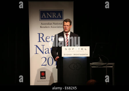 Sofitel Sydney Wentworth 61-101 Phillip Street, NSW 2000, Australia. 18 August 2014. Pictured is Grant O'Brien, Chair of the ANRA board and Chief Executive Officer of Woolworths speaking at the sixth Retail Nation luncheon at the Sofitel Wentworth, Sydney. The Retail Nation conference (now in its sixth year) was held at the Sofitel Wentworth, Sydney and was addressed by the Hon. Peter Costello AC who was the Treasurer under John Howard's government. Copyright Credit:  2014 Richard Milnes/Alamy Live News. Stock Photo