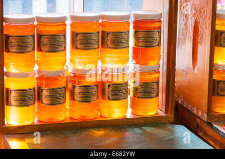 Bottles jars of honey Chilliwack River Valley Honey farm, Chilliwack, British Columbia, Canada. Stock Photo