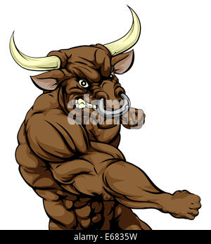 A tough muscular bull character sports mascot attacking with a punch Stock Photo