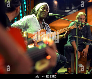 Ceske Budejovice, Czech Republic. 16th Aug, 2014. U.S. jazz bassist and musician Richard Bona (centre) performs with his Flamenco project during the South Bohemia Jazz Fest in Ceske Budejovice, Czech Republic, August 16, 2014. © Vaclav Pancer/CTK Photo/Alamy Live News Stock Photo