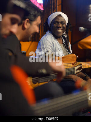 Ceske Budejovice, Czech Republic. 16th Aug, 2014. U.S. jazz bassist and musician Richard Bona (right) performs with his Flamenco project during the South Bohemia Jazz Fest in Ceske Budejovice, Czech Republic, August 16, 2014. © Vaclav Pancer/CTK Photo/Alamy Live News Stock Photo
