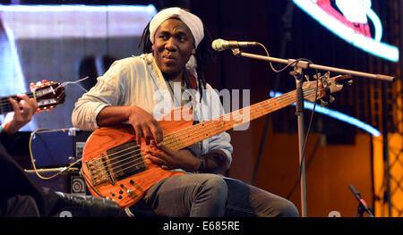Ceske Budejovice, Czech Republic. 16th Aug, 2014. U.S. jazz bassist and musician Richard Bona performs with his Flamenco project during the South Bohemia Jazz Fest in Ceske Budejovice, Czech Republic, August 16, 2014. © Vaclav Pancer/CTK Photo/Alamy Live News Stock Photo