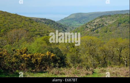 View from Cloutsham over Horner Hill & Woods to Bossington Hill & Porlock Bay Exmoor, Somerset Stock Photo