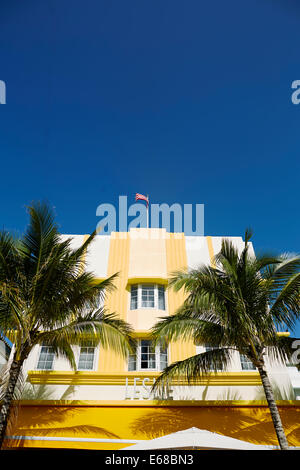 Ocean Drive South Beach Miami in Florida USA,  Leslie a yellow art deco restaurant and hotel flying the flag Stock Photo