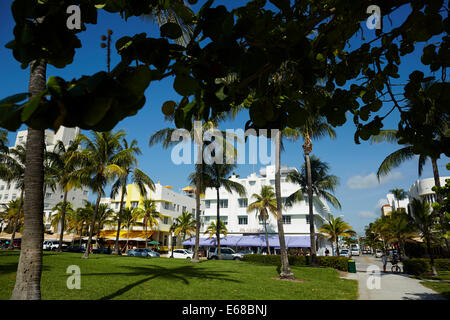 Ocean Drive South Beach Miami in Florida USA,  art deco shops restaurants and hotels along the sea front road Stock Photo