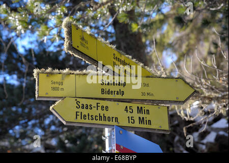 Yellow signs with directions and time to walk to destination on hiking paths in the Swiss Alps Stock Photo