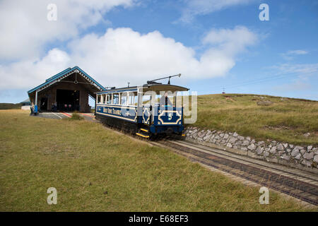 Great Orme tramcar without passengers beginning the  steep descent from the halfway house to the lower Victoria station. Stock Photo
