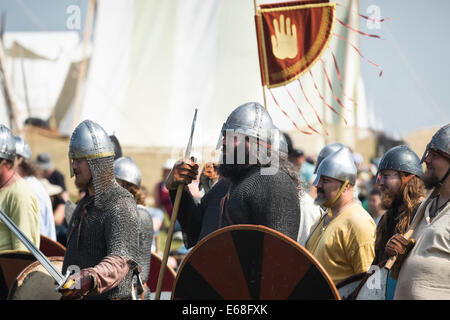 Vikings in battle re-enactment at the Icelandic Festival of Manitoba, Gimli, Manitoba, Canada Stock Photo
