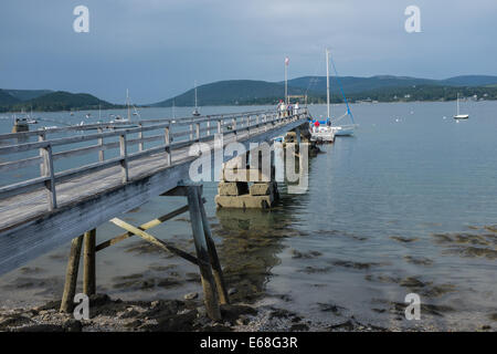 Southwest Harbor, ME - 7 August 2014. The dock at the Claremont Hotel. The Narrows at the entrance to Somes Sound on the left. Stock Photo