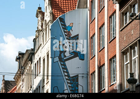 Comic Route, wall painting of Herges Tintin in Brussels, Belgium. Stock Photo