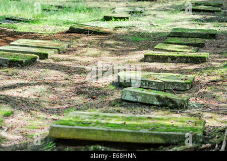 Moravian Church burial ground, with headstones laid flat on the ground. Stock Photo