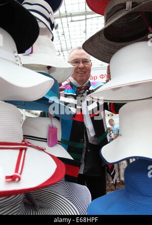 Moscow, Russia. 18th Aug, 2014. Fashion designer Vyacheslav Zaitsev at the 12th International Specialized Exhibition of Headwear Raw Materials and Accessories 'Chapeau 2014', at Moscow's Gostiny Dvor. Credit:  Vyacheslav Prokofyev/ITAR-TASS/Alamy Live News