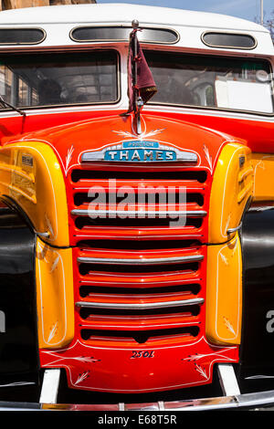 Detail shot of a Fordson Thames coach grill and name plate, Malta. Stock Photo