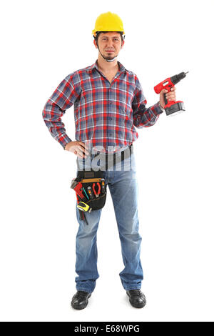 Carpenter with red drill Stock Photo