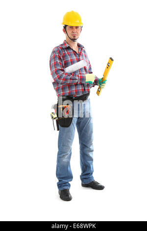 Carpenter Contractor Man Wearing Toolbelt Hardhat Stock Photo