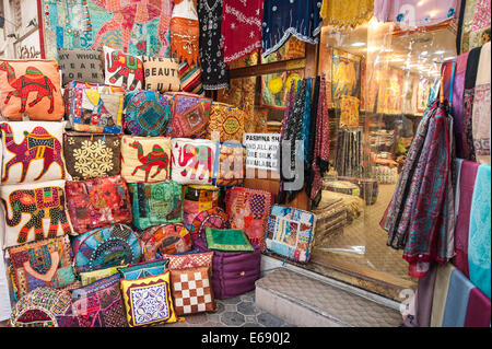 Cushions clothes clothing textiles Textile Souk in Bur Dubai, Dubai, United Arab Emirates UAE. Stock Photo