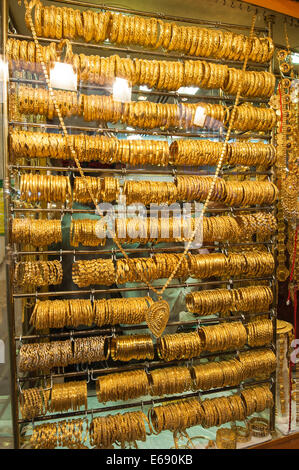 Gold jewelry in the Deira Gold Souk Market Dubai, United Arab Emirates UAE. Stock Photo