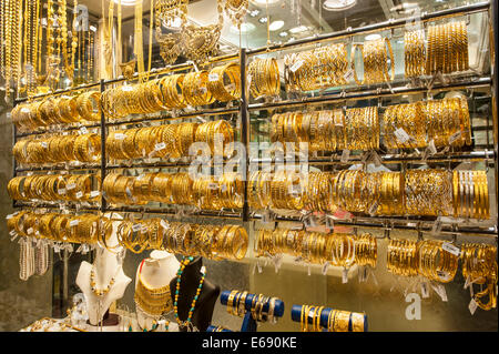 Gold jewelry in the Deira Gold Souk Market Dubai, United Arab Emirates UAE. Stock Photo