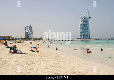 Jumeirah beach with Burj Al Arab Jumeirah hotel,  Dubai, United Arab Emirates UAE. Stock Photo