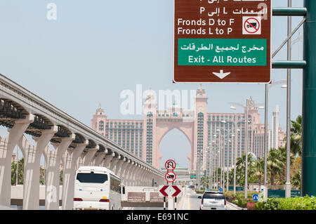 Palm Atlantis Hotel monorail highway traffic signs on the Palm, Dubai, United Arab Emirates UAE. Stock Photo