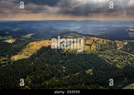 Aerial view, Kahler Asten with low cloud cover, heath, Naturpark Rothaargebirge, Astenberg weather station, Winterberg Stock Photo