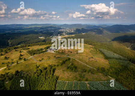 Aerial view, Kahler Asten with low cloud cover, heath, Naturpark Rothaargebirge, Astenberg weather station, Winterberg Stock Photo