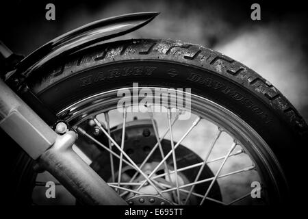 Front wheel of a Harley Davidson motorcycle, close-up Stock Photo