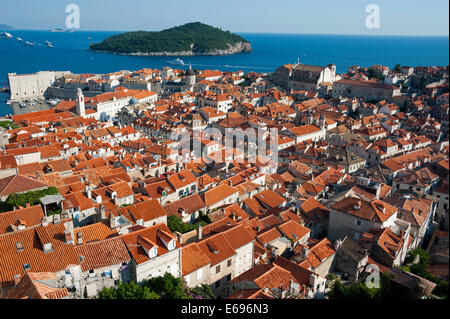 View from the city wall over the historic town centre towards the island of Lokrum, Dubrovnik, Dalmatia, Croatia Stock Photo