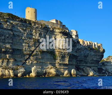 Upper town on the white chalk cliffs, Bonifacio, Corsica, France Stock Photo