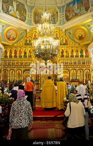 Iconostasis, wall of icons, Ascension Cathedral, Almaty, Kazakhstan Stock Photo