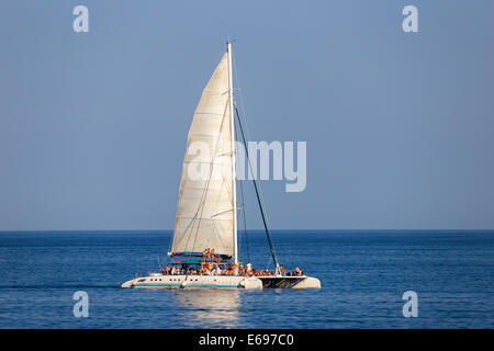 Party boat off Cala Ratjada, Majorca, Balearic Islands, Spain Stock Photo