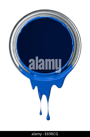 blue paint finished pouring from tin with drips Stock Photo