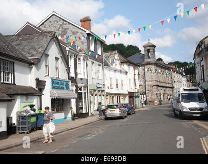 Shops and town hall in North Street, Ashburton, Devon, England, Stock Photo