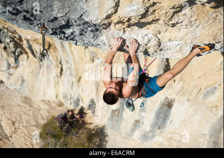 Rock climbing in Buzet canyon, Croatia. Stock Photo