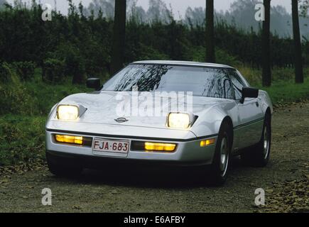 Chevrolet Corvette Stingray C4 4th generation - 1984 Model Year MY in silver grey - showing front and side view with pop up headlights headlamps on and indicators illuminated Stock Photo