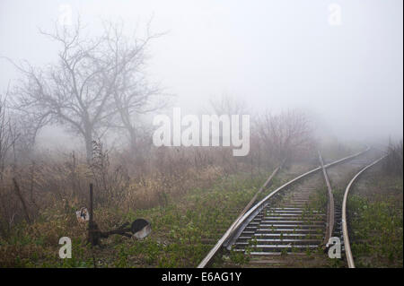 railroad switch in fog Stock Photo