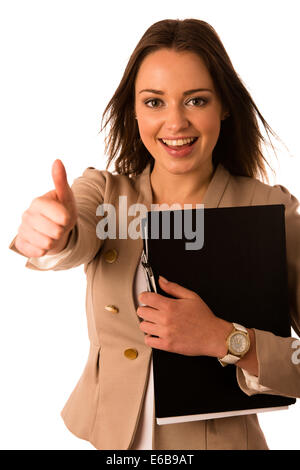 beautiful asian caucasian woman holds a folder isolated Stock Photo