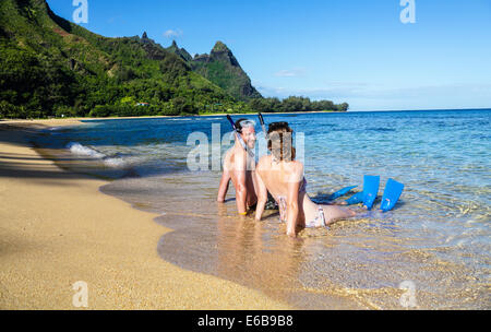 Snorkelers at Tunnels Beach on Kauai Stock Photo