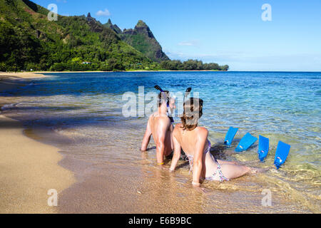 Snorkelers at Tunnels Beach on Kauai Stock Photo