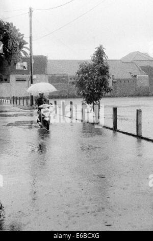 man with umbrella on motorcycle riding in heavy rain during a monsoon downpour in bali indonesia Stock Photo