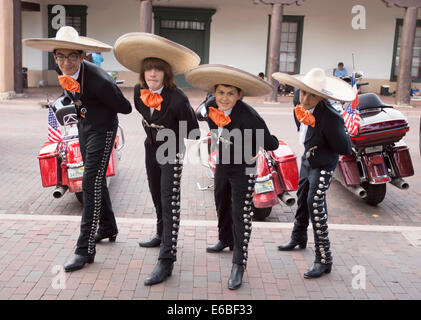 Hispanic folkloric dance group performing in Santa Fe, New Mexico, during Bandstand 2014, a celebration of music and dance. Stock Photo