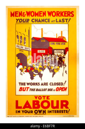 Vintage Labour Party political poster campaign in 1929 appealing to Men Women and Workers to use the ballot box Stock Photo