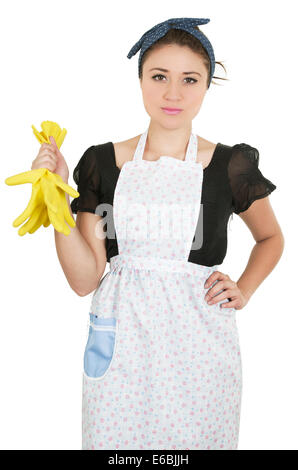 Young beautiful hispanic maid wearing apron and gloves Stock Photo