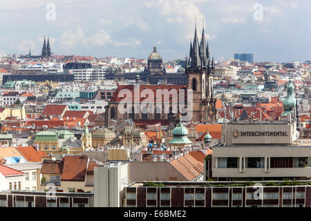 View of Prague. In the foreground are the Intercontinental Hotel, then Tyn Cathedral, the National Museum Czech Republic Stock Photo